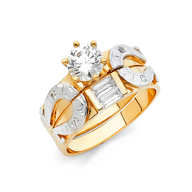 14K Two-Tone Gold CZ Baguette Wedding Trio Set — Engagement Ring on White Background