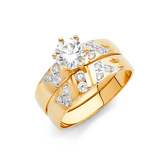 14K Yellow Gold CZ Channel Wedding Trio Set — Engagement Ring on White Background