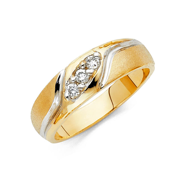 14K Two-Tone Gold Satin Curved Three-Stone Men's Wedding Band