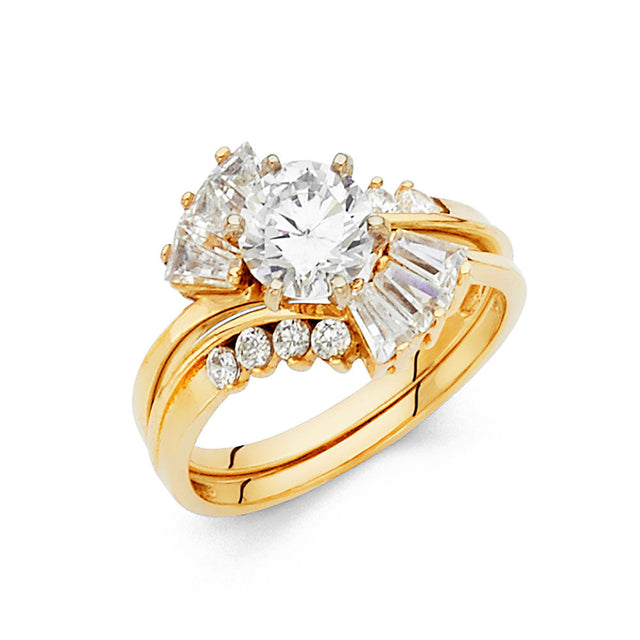 14K Yellow Gold Round Baguette Crown Bridal Engagement Ring Set