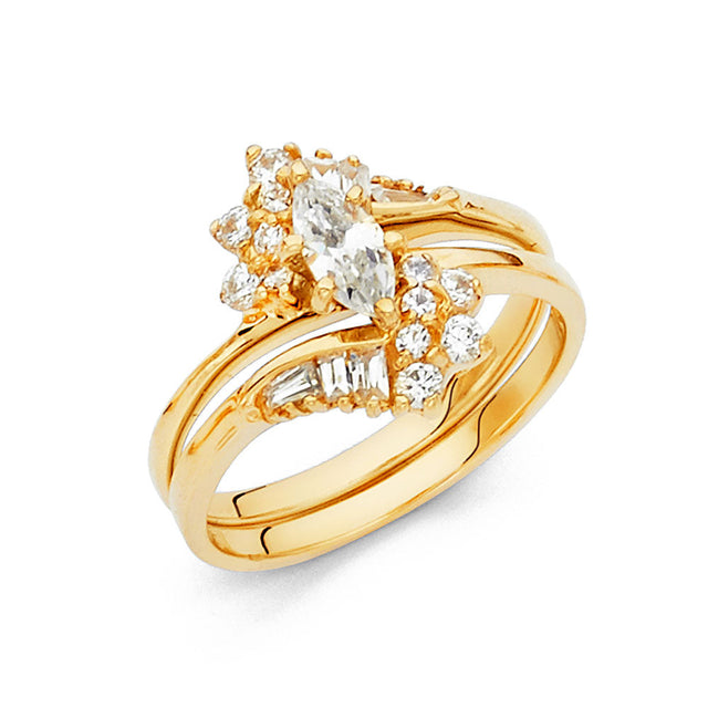 14K Yellow Gold Marquise Crown Round Bridal Engagement Ring Set