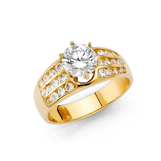 14K Yellow Gold Round Wide Side Stone Engagement Ring