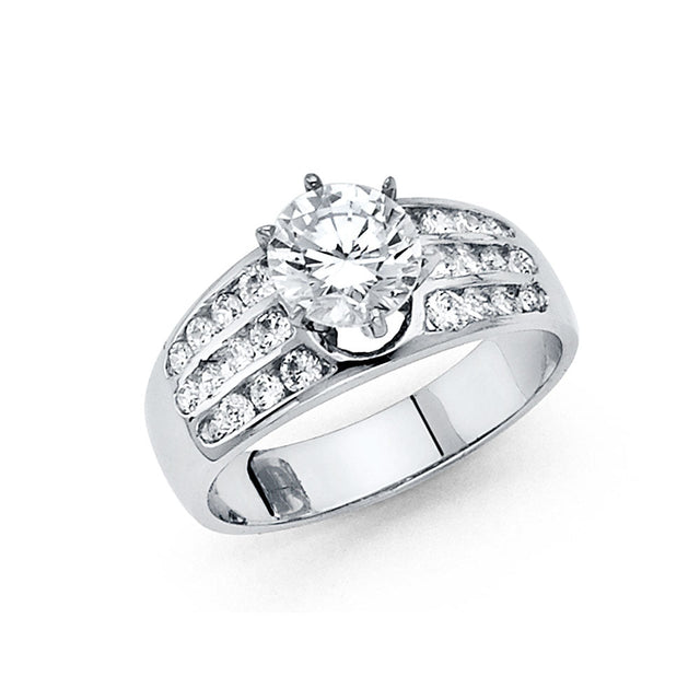 14K Gold Round Wide Side Stone Engagement Ring - White Gold