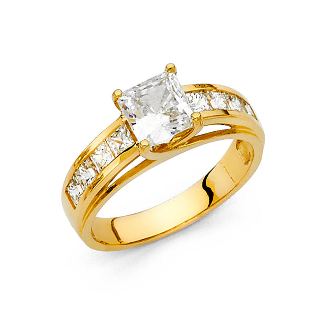 14K Yellow Gold Princess Wide Pavé Side Stone Engagement Ring – 0.50 ct