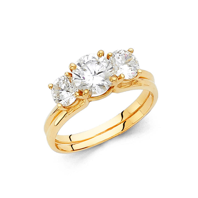 14K Yellow Gold Three-Stone Round Bridal Engagement Ring Set