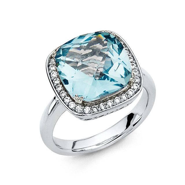 14K White Gold Cushion Simulated Blue Topaz Halo Ring