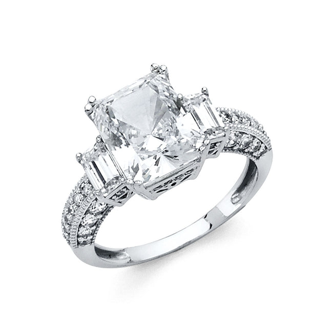 14K White Gold Emerald-Cut Three-Stone Engagement Ring