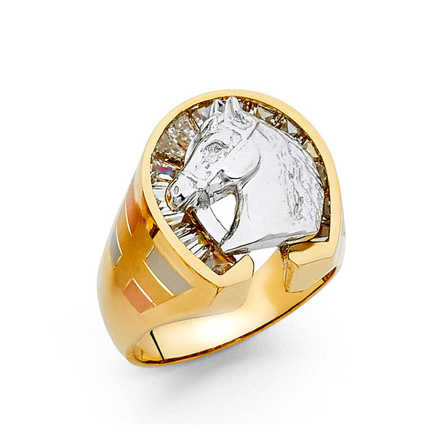 14K Two-Tone Gold Horse Head Horseshoe Men’s Ring