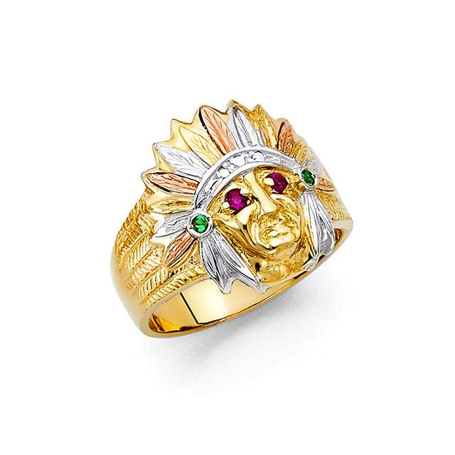 14K Tricolor Gold Indian Chief Men’s Ring