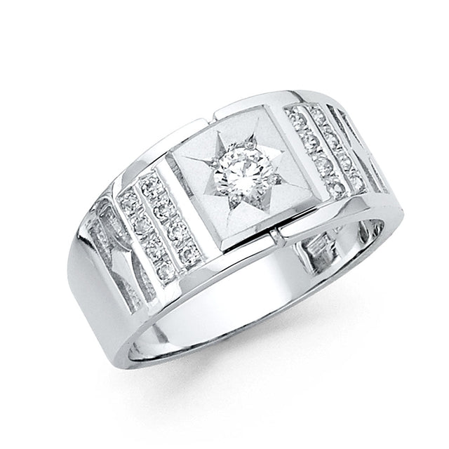 14K White Gold Starburst Solitaire Men's Ring
