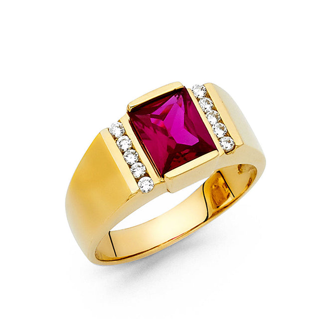 14K Yellow Gold Emerald-Cut Simulated Ruby CZ-Accent Men’s Ring on White Background