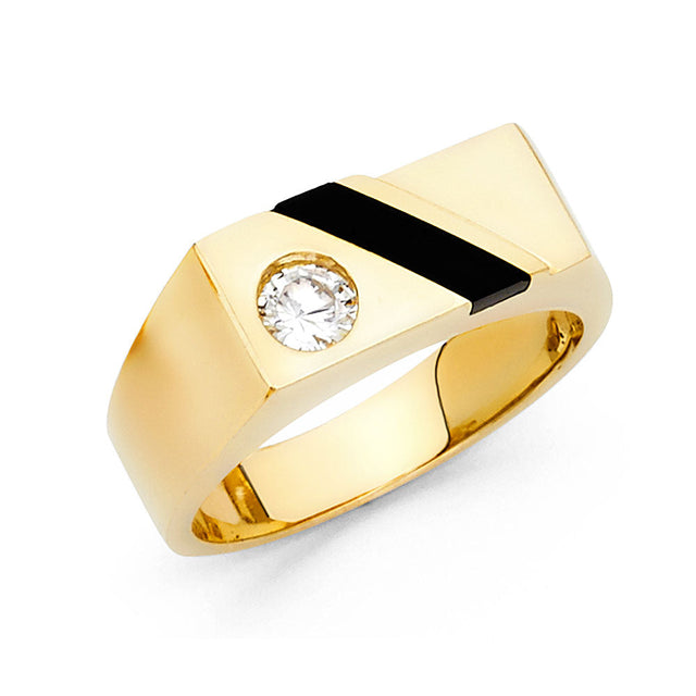 14K Yellow Gold Onyx Stripe Solitaire Men's Ring