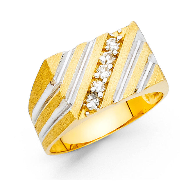 14K Yellow Gold Striped CZ Signet Men’s Ring