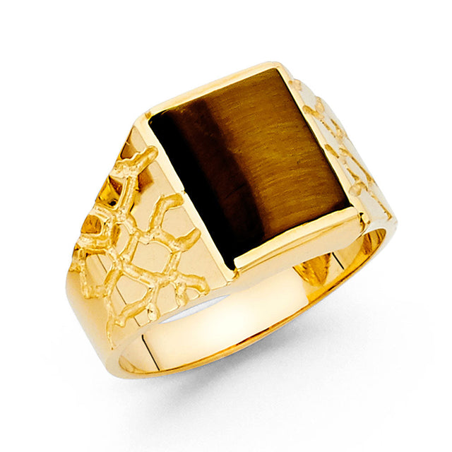 14K Yellow Gold Rectangular Simulated Tiger's Eye Nugget Signet Men’s Ring on White Background