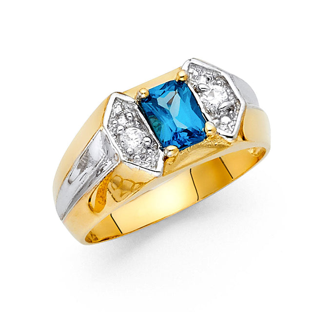 14K Two-Tone Gold Emerald-Cut Simulated Blue Topaz Chevron Men’s Ring on White Background