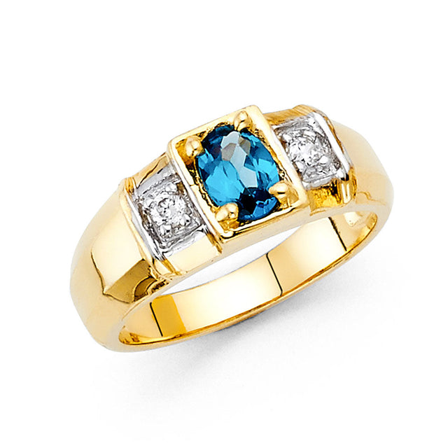 14K Yellow Gold Emerald-Cut Simulated Blue Topaz Accent Men’s Ring on White Background