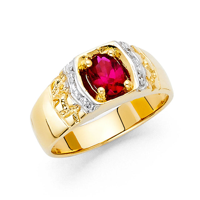 14K Yellow Gold Oval Simulated Ruby Ribbed Men’s Ring on White Background