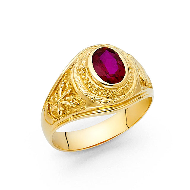 14K Yellow Gold Oval Simulated Ruby Rope Men’s Ring on White Background