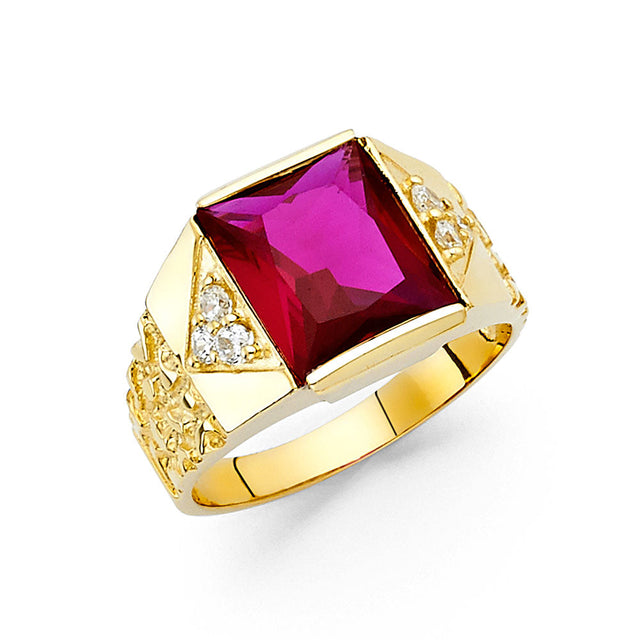 14K Yellow Gold Princess Simulated Ruby Channel Men’s Ring on White Background