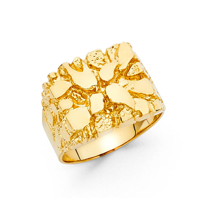 14K Yellow Gold Square Nugget Signet Men’s Ring on White Background