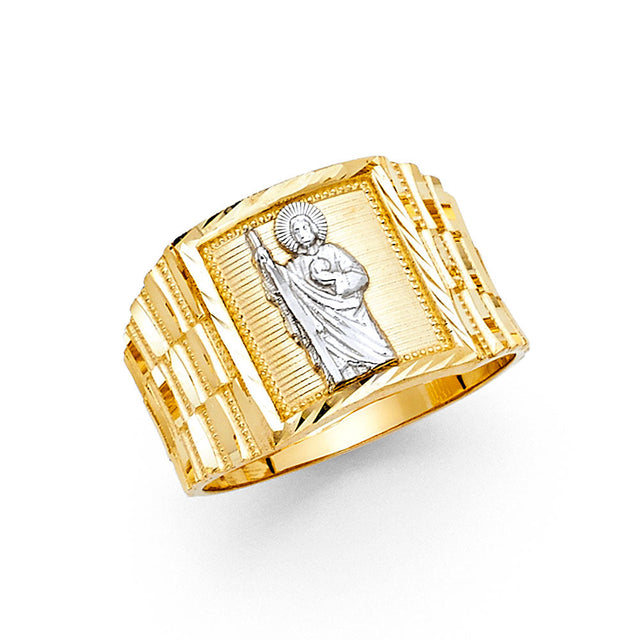 14K Two-Tone Gold Patron Saint Signet Men's Ring on White Background