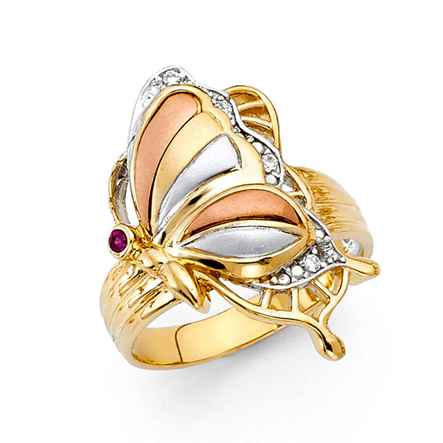 14K Tri-Color Gold Butterfly Ring on White Background