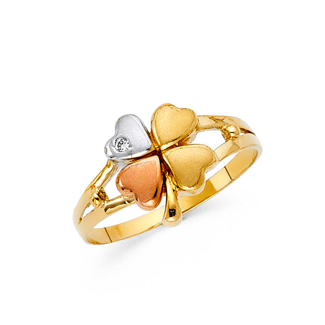 14K Tri-Color Gold Clover Ring on White Background