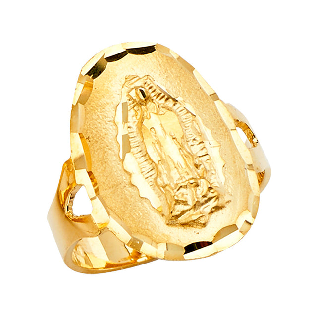 14K Yellow Gold Our Lady of Guadalupe Signet Ring on White Background