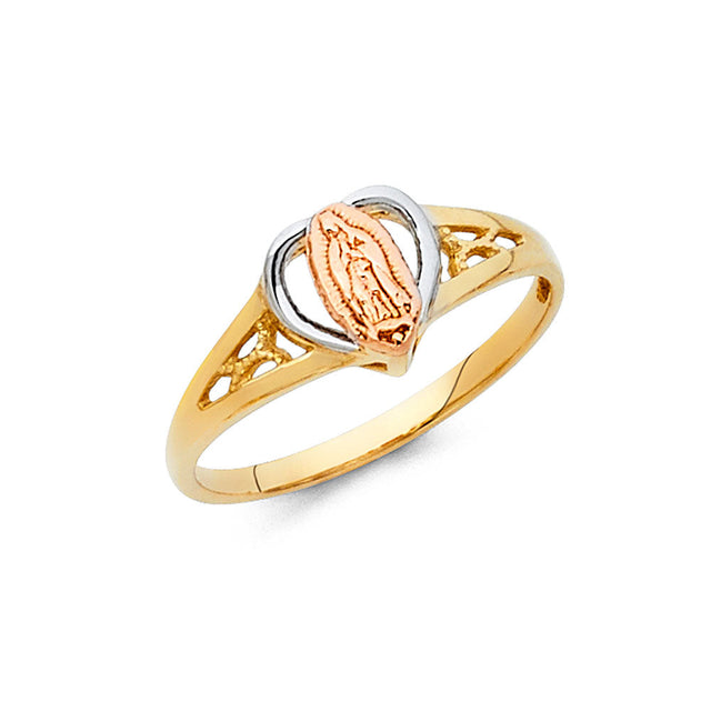 14K Tri-Color Gold Heart Frame Guadalupe Ring