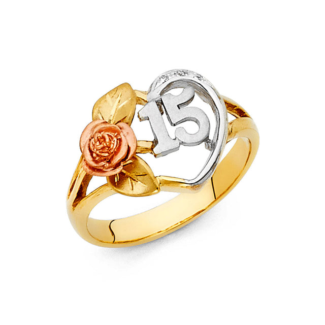 14K Tri-Color Gold Quinceañera 15 Rose & Heart Ring