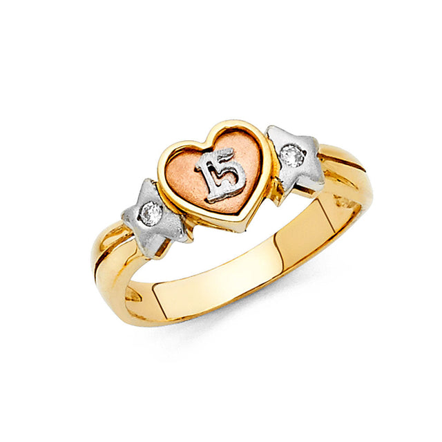 14K Tri-Color Gold Quinceañera 15 Heart & Star Ring