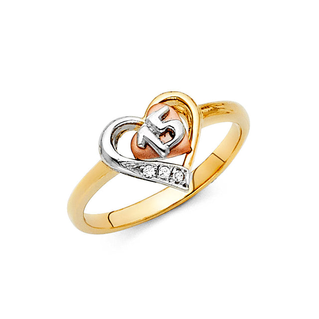 14K Tri-Color Gold Quinceañera 15 Heart Ring