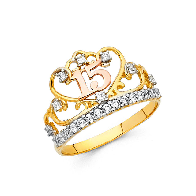 14K Tricolor Gold 15 Años Crown Ring