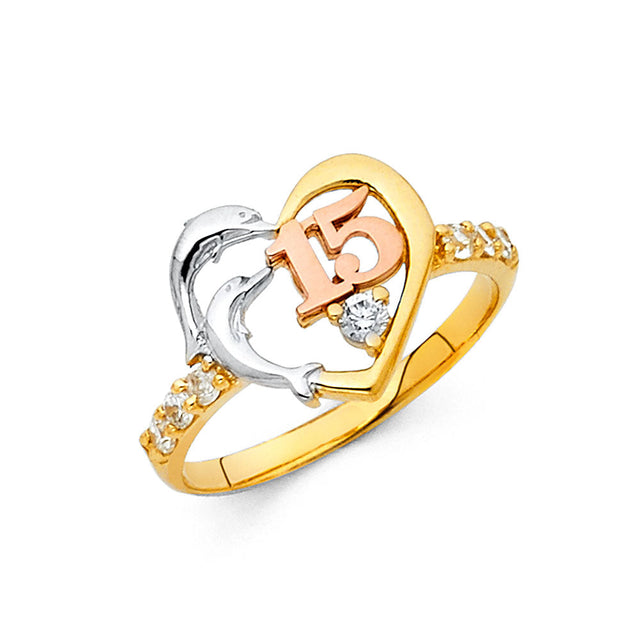 14K Tri-Color Gold Quinceañera 15 Dolphin Heart Ring