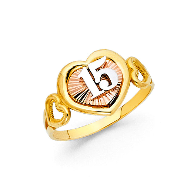 14K Tri-Color Gold Quinceañera 15 Diamond-Cut Heart Ring