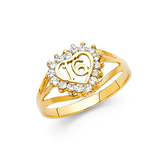14K Yellow Gold Sweet 16 Heart Halo Ring