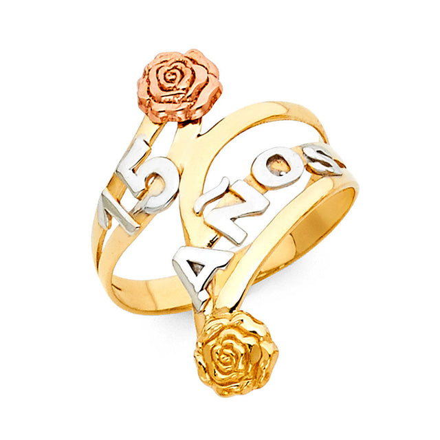 14K Tri-Color Gold 15 Años Rose Bypass Ring