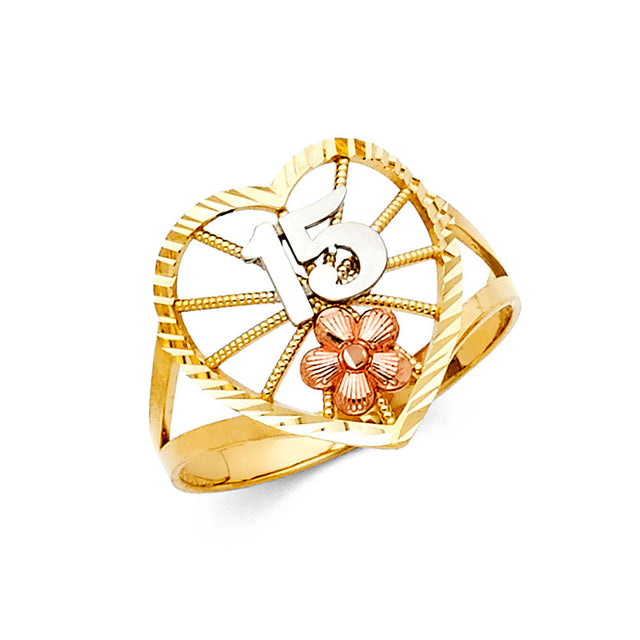14K Tri-Color Gold Quinceañera 15 Años Open Heart Ring