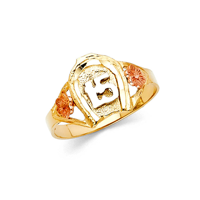14K Tri-Color Gold Quinceañera 15 Años Horseshoe Ring