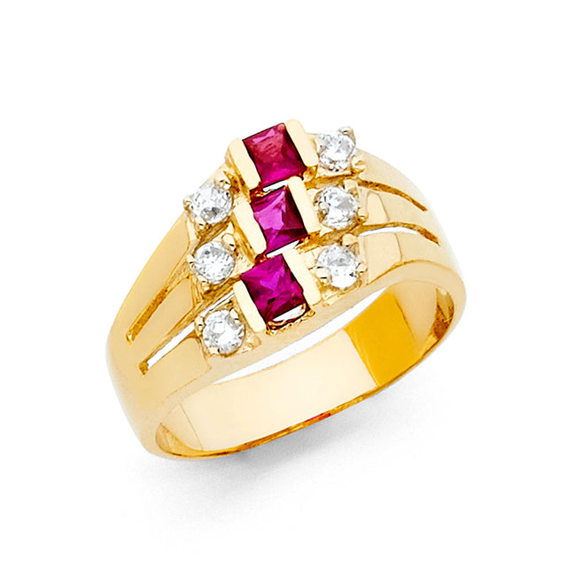 14K Yellow Gold Baguette Simulated Ruby Duo Cocktail Ring on White Background
