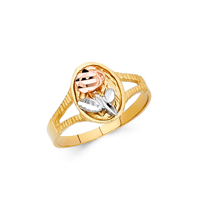 14K Tri-Color Gold Oval Rose Flower Ring