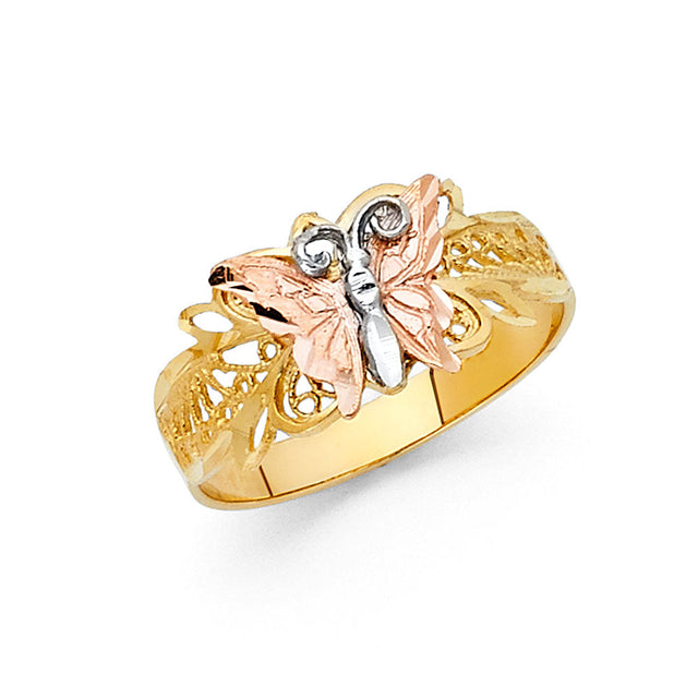 14K Tri-Color Gold Diamond-Cut Filigree Butterfly Ring