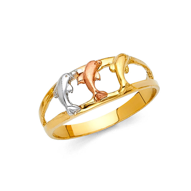 14K Tri-Color Gold Triple Dolphin Ring
