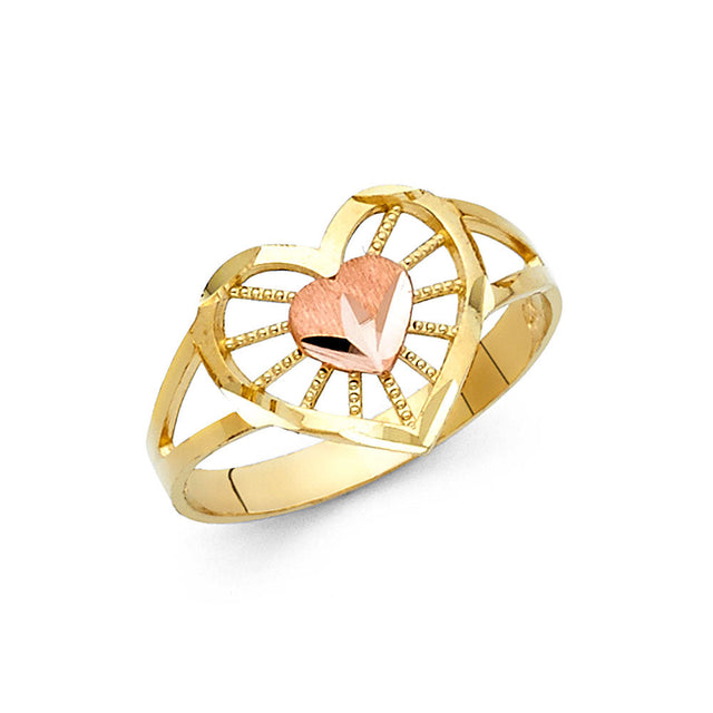 14K Two-Tone Gold Rose Heart Sunburst Openwork Ring