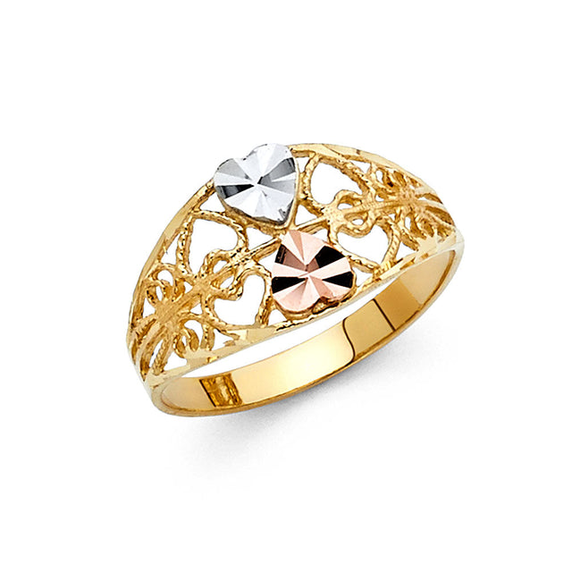 14K Tricolor Gold Diamond-Cut Filigree Double Heart Ring