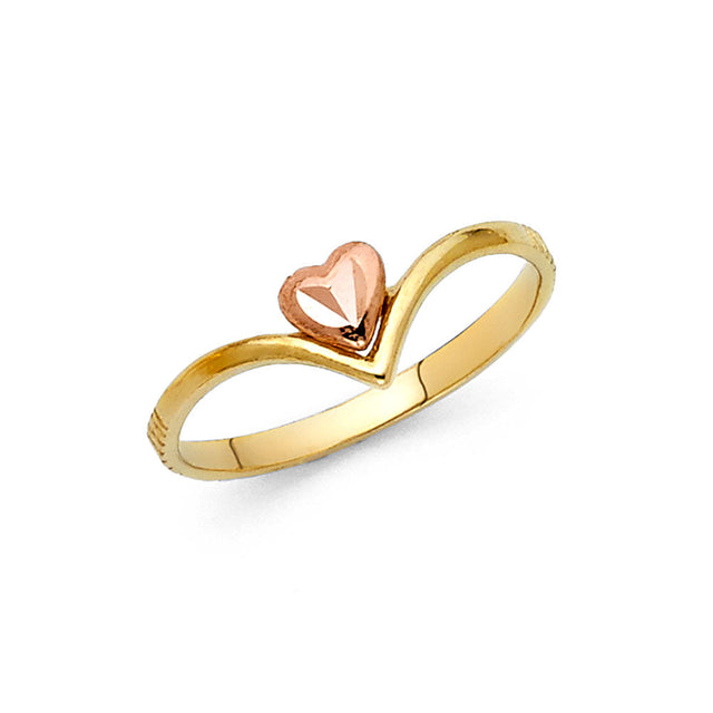 14K Two-Tone Gold Rose Heart Chevron Ring