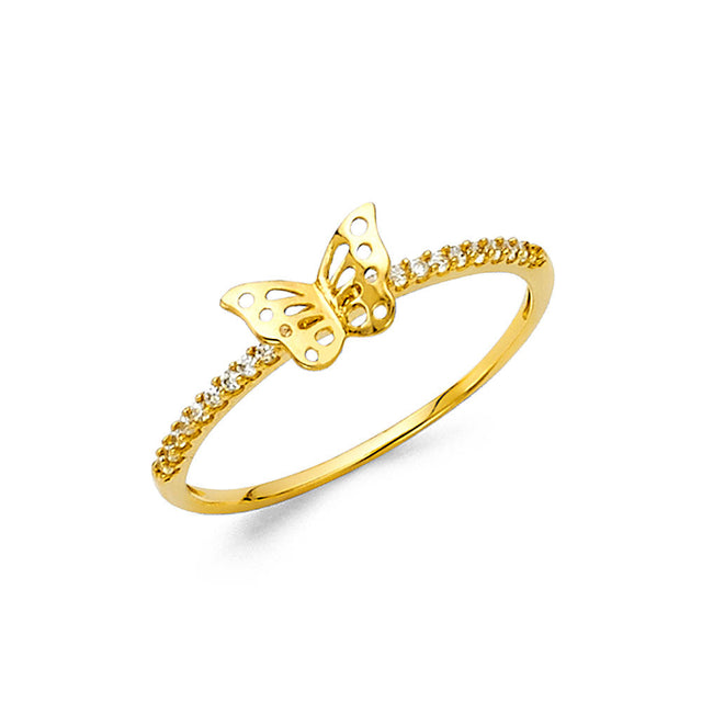 14K Yellow Gold Butterfly Ring with Pavé Band