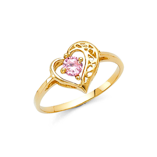 14K Yellow Gold Heart Simulated Pink Sapphire Filigree Ring