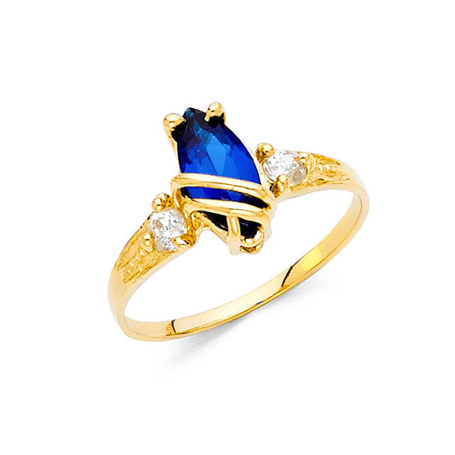 14K Yellow Gold Marquise Simulated Blue Sapphire Solitaire Ring