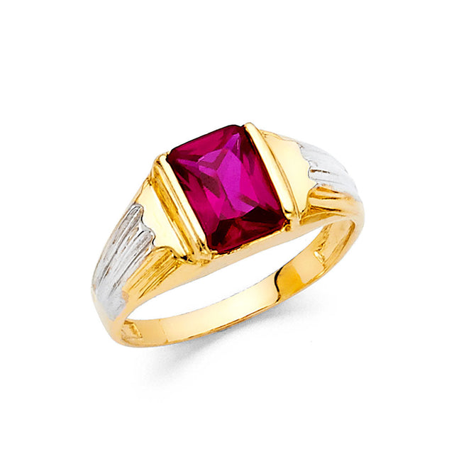 14K Yellow Gold Emerald-Cut Simulated Ruby Channel Men's Ring on White Background